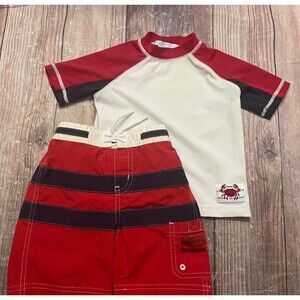 Janie & Jack Boy Red, White, & Blue Swim Trunks & Rashguard, Size 6-12 months
